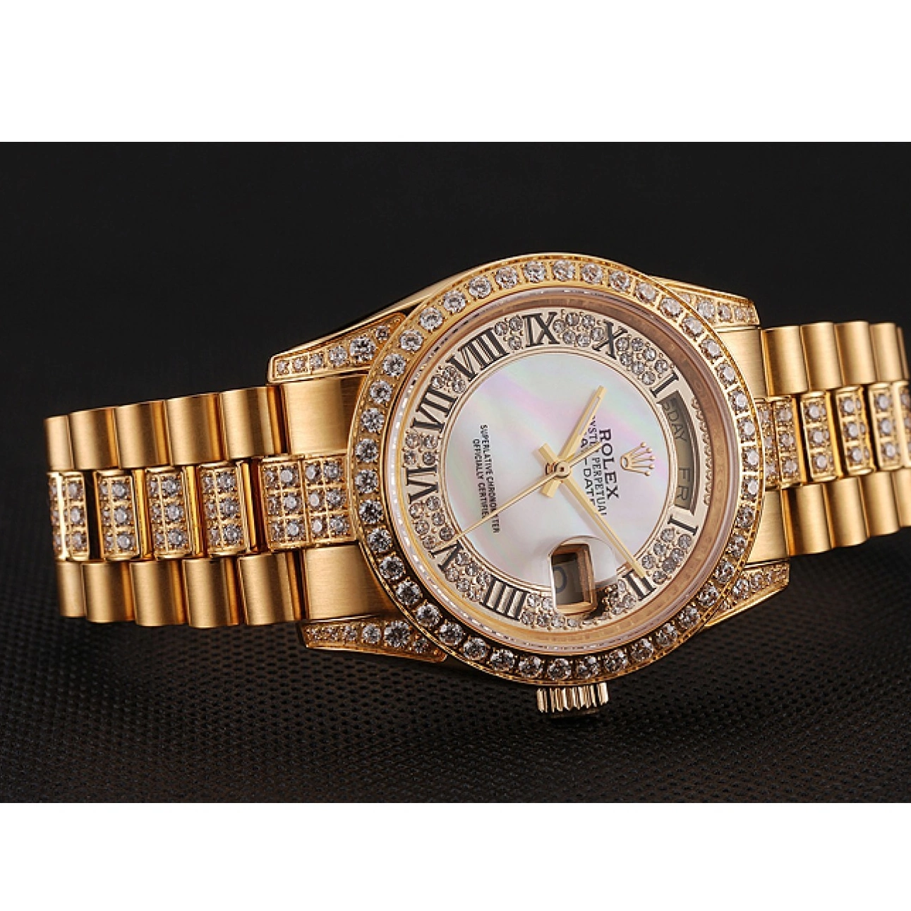 Rolex aaa copy Swiss White Bracelet Diamond Gold Diamond Day-Date 1453958 Rolex Pave Dial 0528
